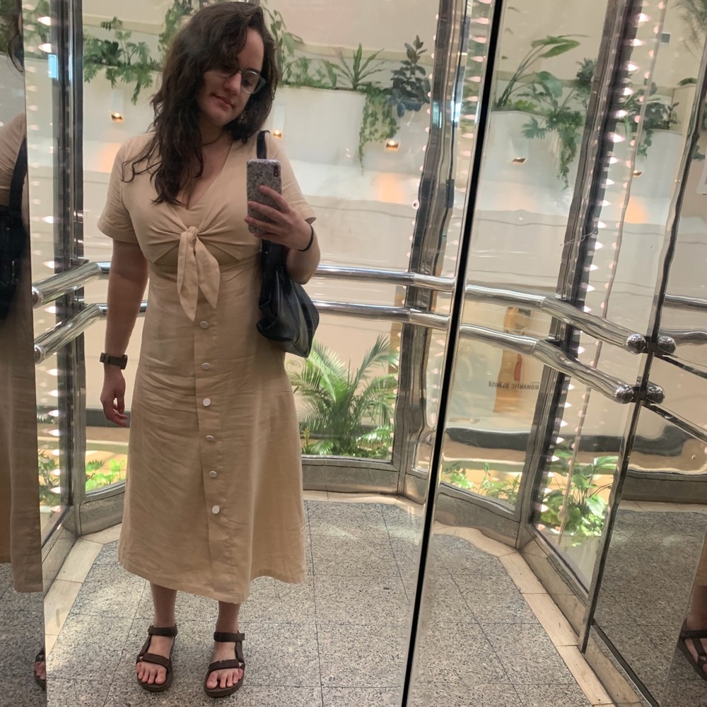 Yvonne Lafleur Cream Tie-Front Button Midi Dress - Picture 6 of 6